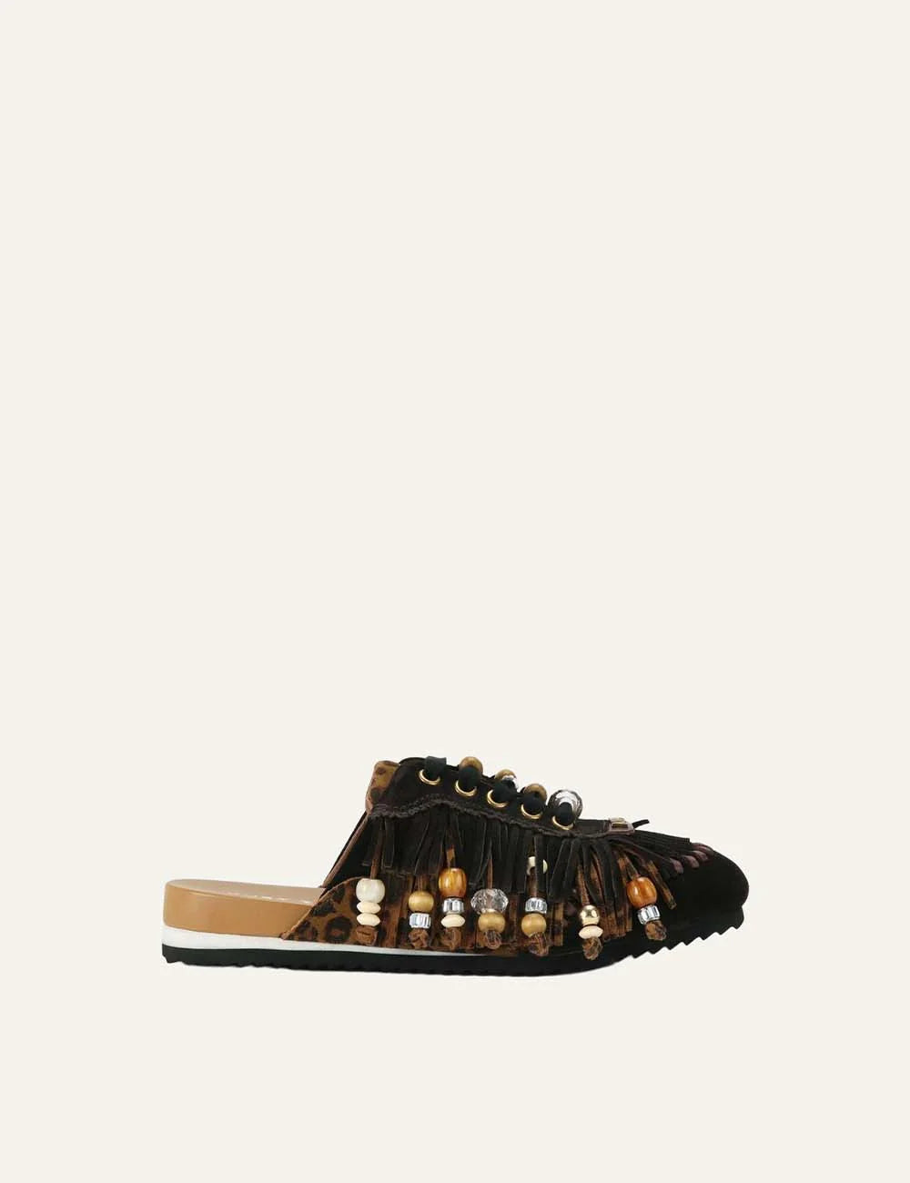Kurt Geiger London women Islington P Fringe Mule brown leopard suede mules with fringe and bead details