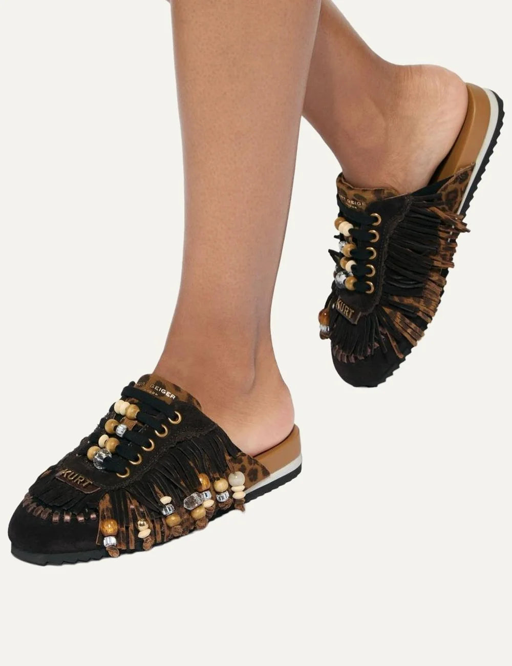 Kurt Geiger London women Islington P Fringe Mule brown leopard suede mules with fringe and bead details model