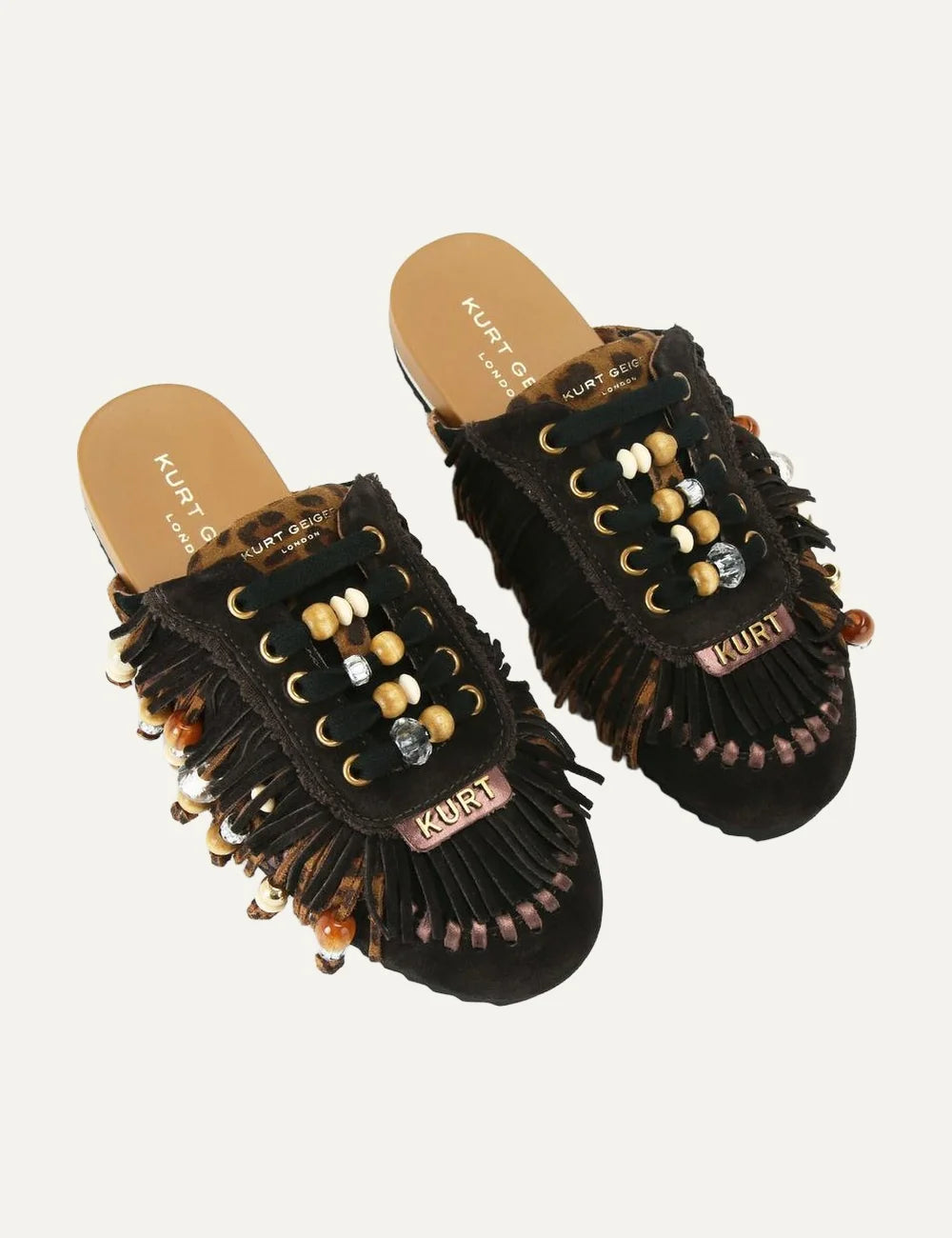 Kurt Geiger London women Islington P Fringe Mule brown leopard suede mules with fringe and bead details top