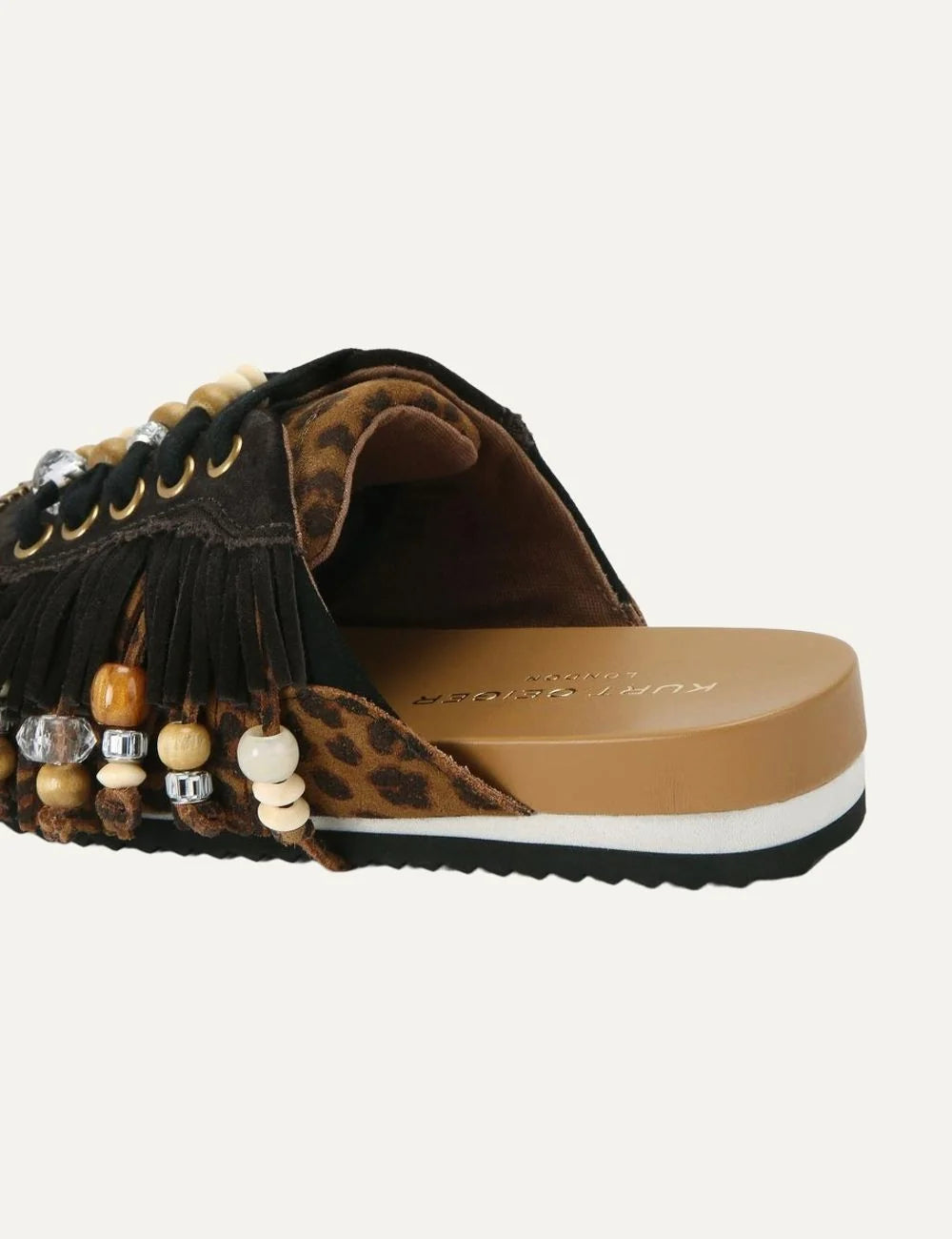 Kurt Geiger London women Islington P Fringe Mule brown leopard suede mules with fringe and bead details back