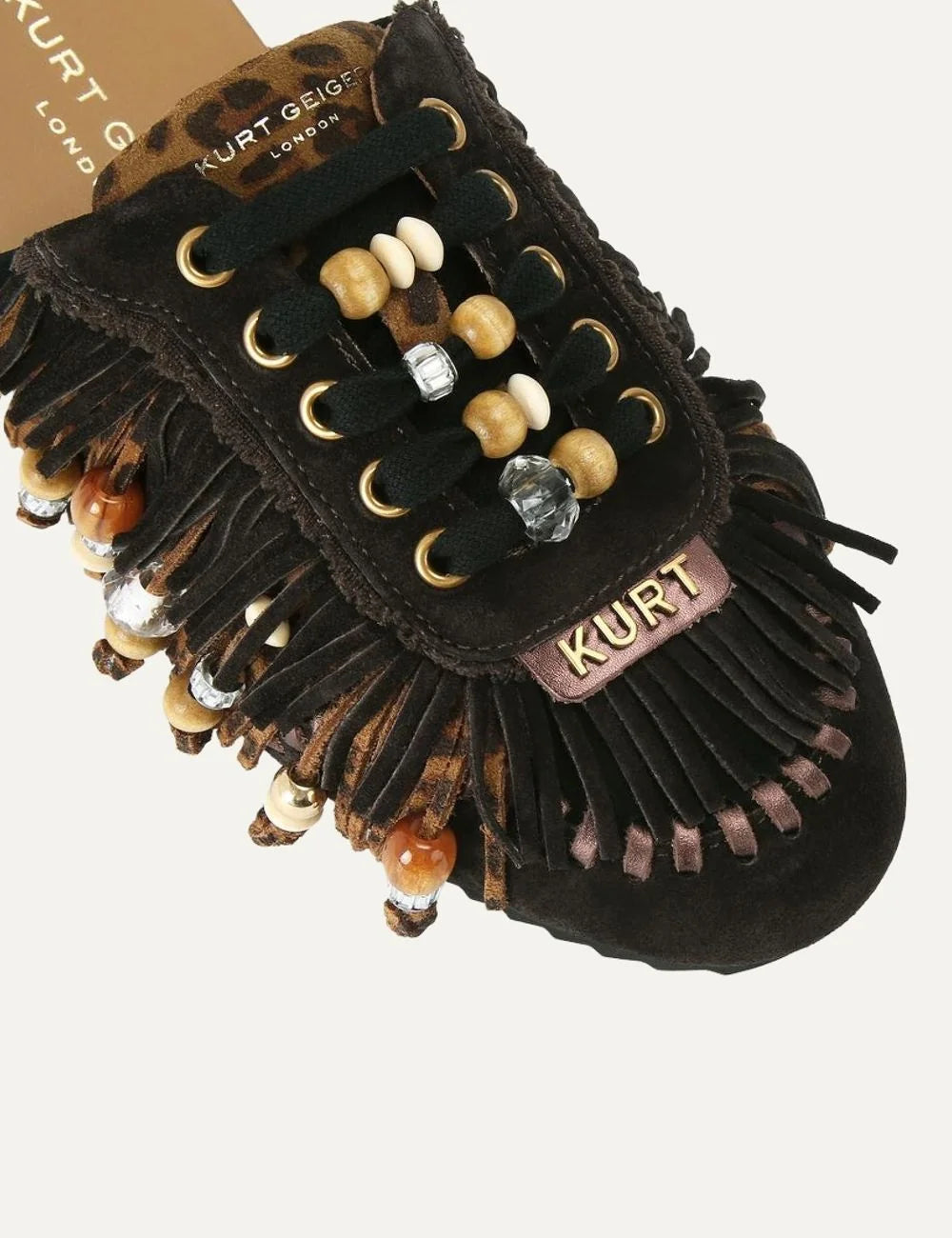 Kurt Geiger London women Islington P Fringe Mule brown leopard suede mules with fringe and bead details top