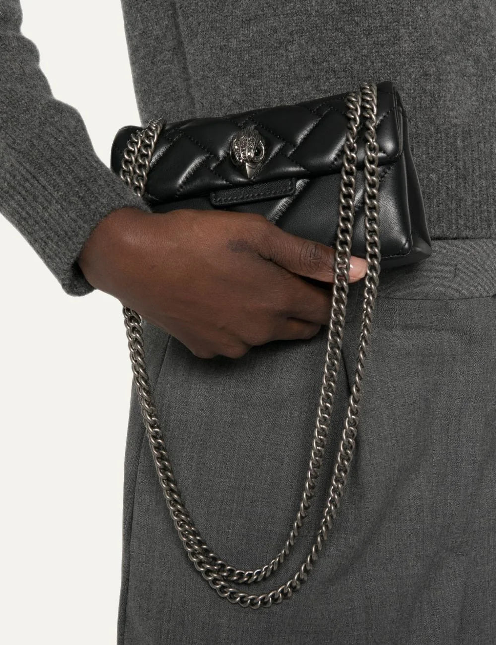 Kurt Geiger London women Kensington 17 black leather crossbody bag with silver chain model