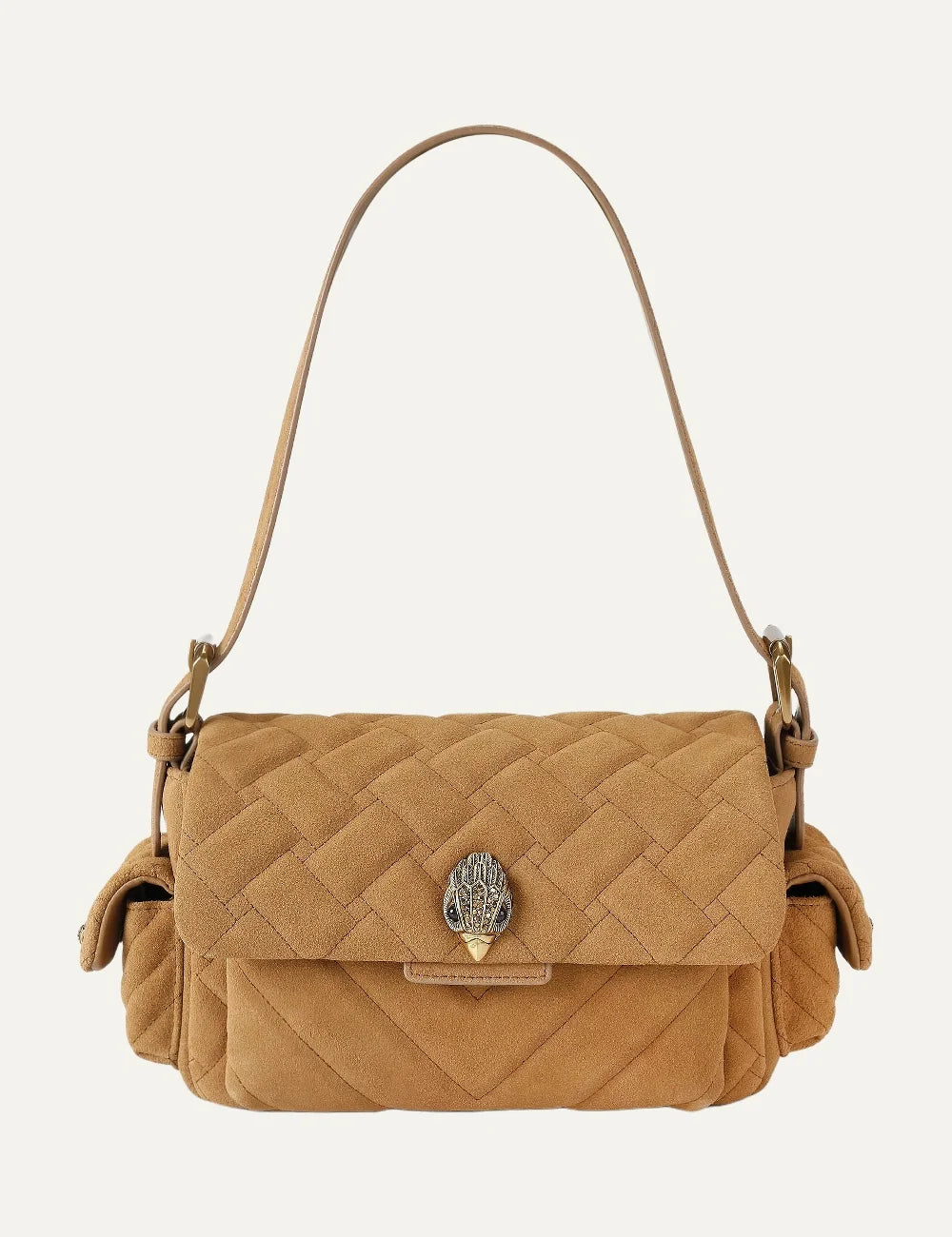 Kurt Geiger London women Kensington Multipocket tan suede leather shoulder bag with quilted design