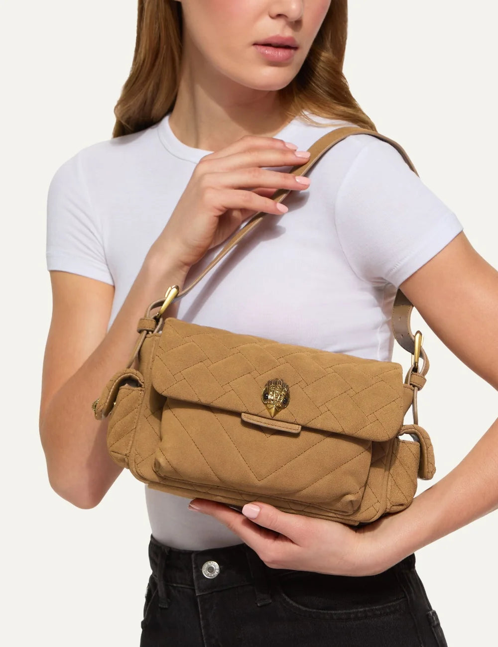 Kurt Geiger London women Kensington Multipocket tan suede leather shoulder bag with quilted design model