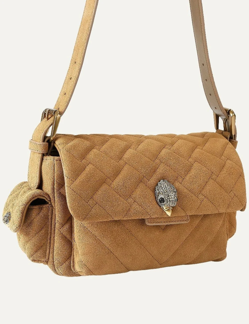 Kurt Geiger London women Kensington Multipocket tan suede leather shoulder bag with quilted design detail