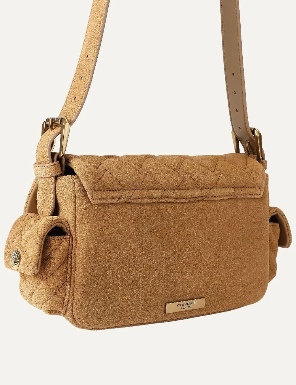 Kurt Geiger London women Kensington Multipocket tan suede leather shoulder bag with quilted design back