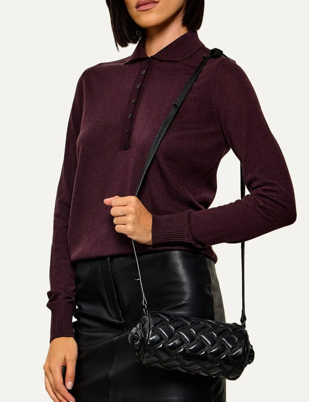 Kurt Geiger London women Kensington Small Barrel black quilted leather shoulder bag model