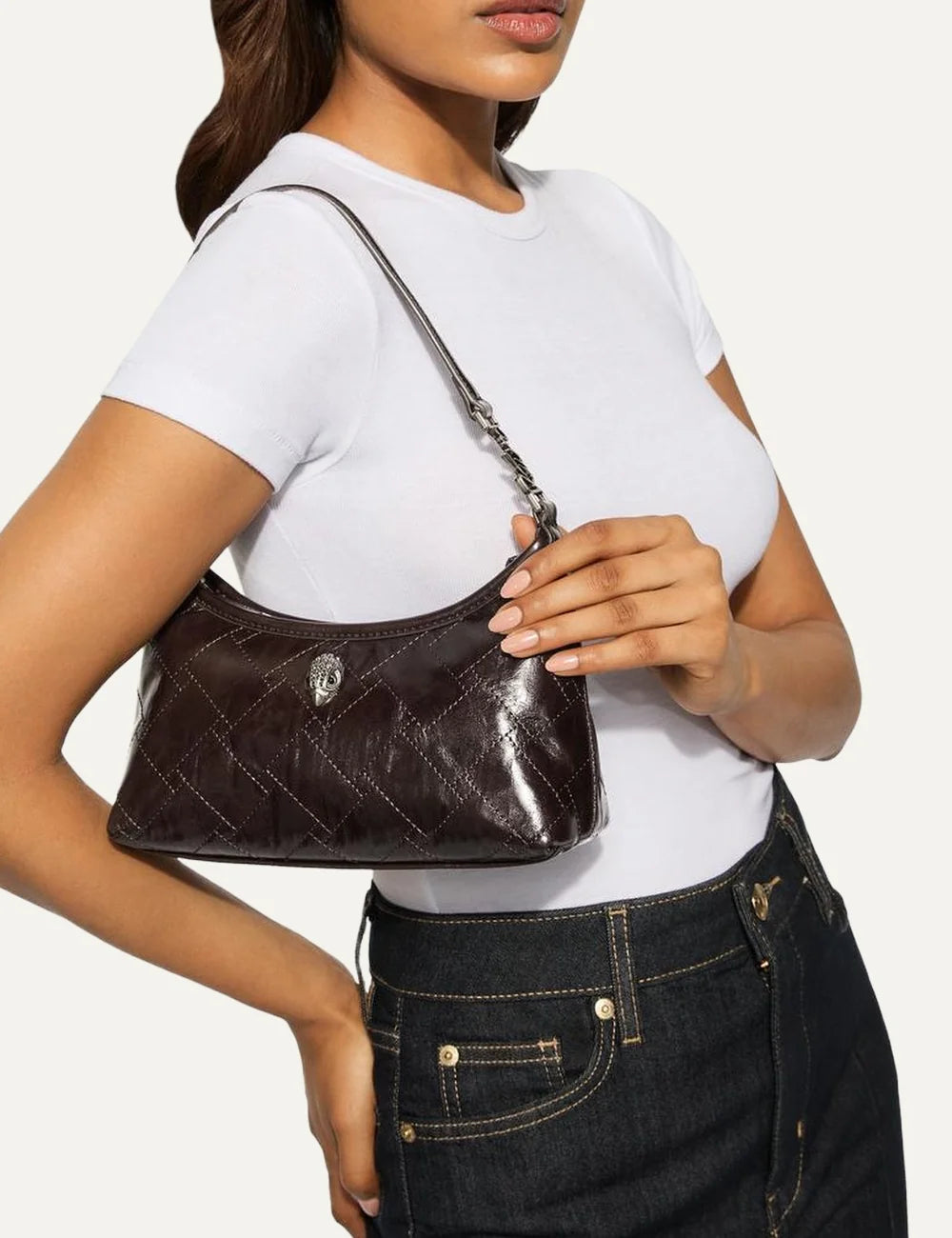 Kurt Geiger London women Kurt dark brown crinkled leather shoulder bag with quilted design model