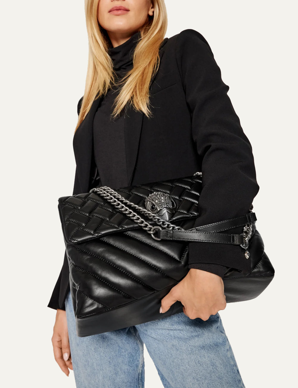 Kurt Geiger London women XXL Kensington black quilted leather shoulder bag with eagle head detail model