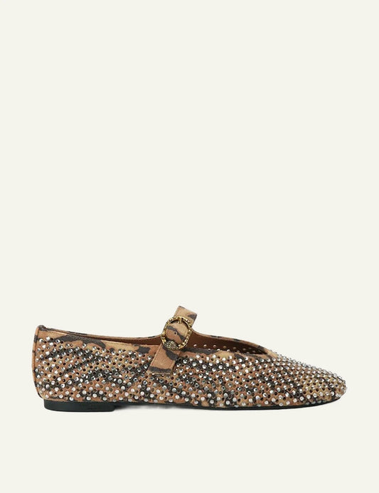Kurt Geiger Mayfair Ballet Flat leopard suede Mary Jane ballerinas with crystal embellishment