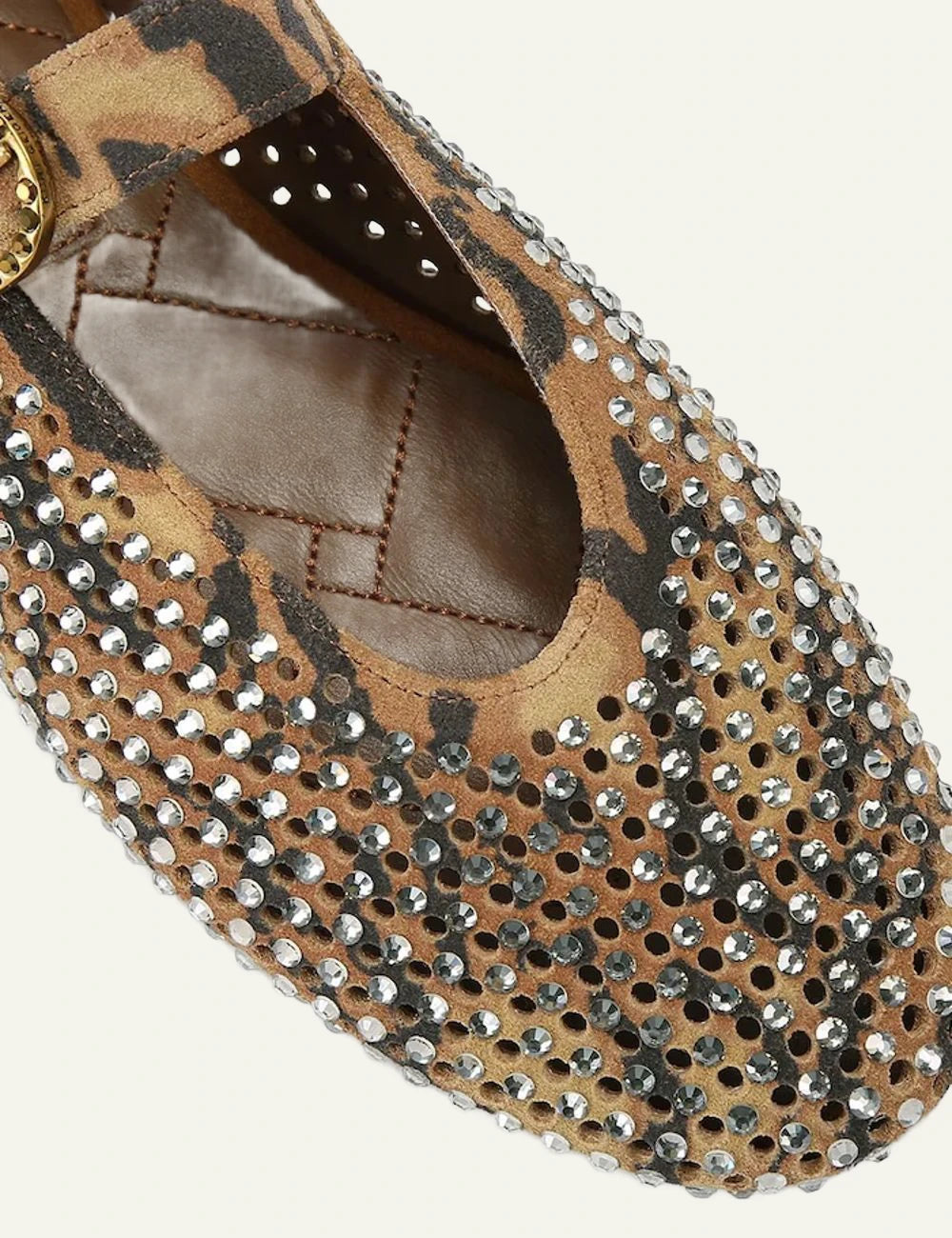 Kurt Geiger Mayfair Ballet Flat leopard suede Mary Jane ballerinas with crystal embellishment angled