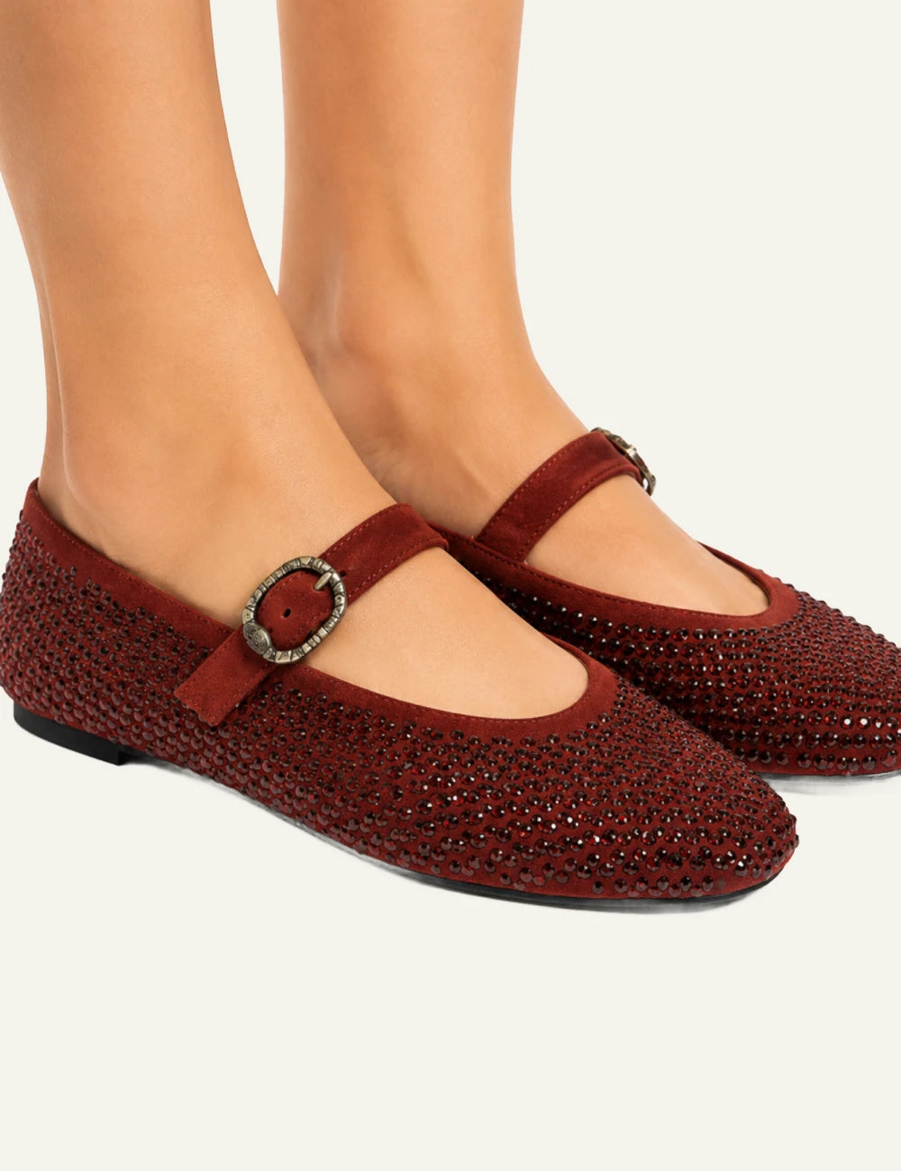 Kurt Geiger Mayfair Ballet Flat wine suede Mary Jane ballerinas with crystal embellishment model