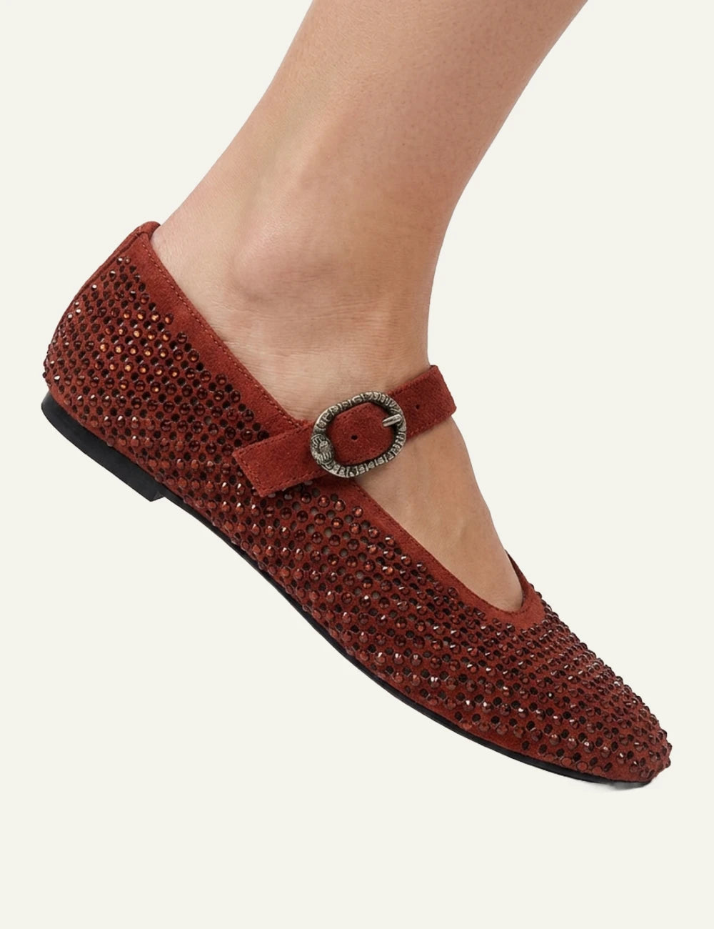 Kurt Geiger Mayfair Ballet Flat wine suede Mary Jane ballerinas with crystal embellishment side