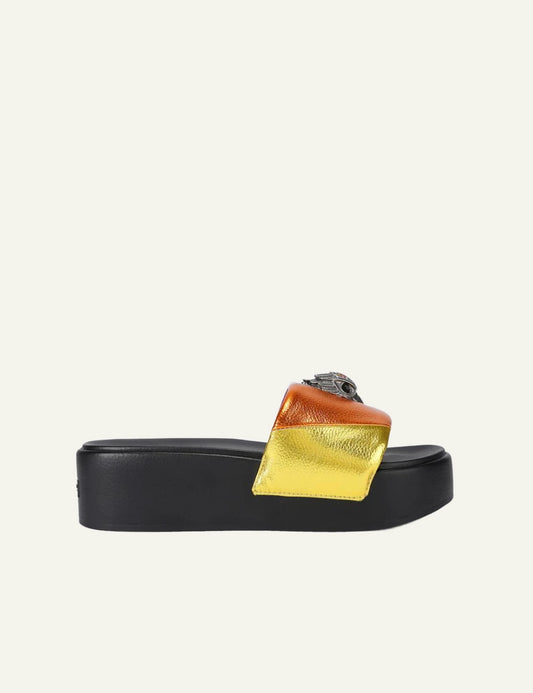 Kurt Geiger Meena eagle platform sandal rainbow metallic strap black sole side view