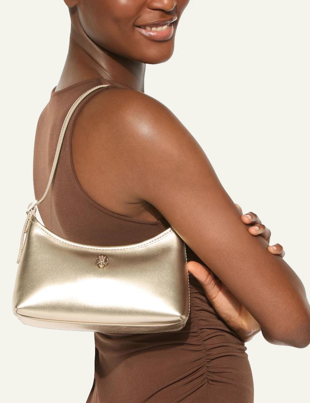 kurt geiger mini shoulder bag gold leather eagle crystal detail front model view
