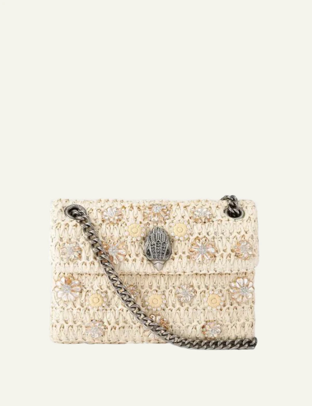 Kurt Geiger mini kensington bag beige straw floral crystal woven front