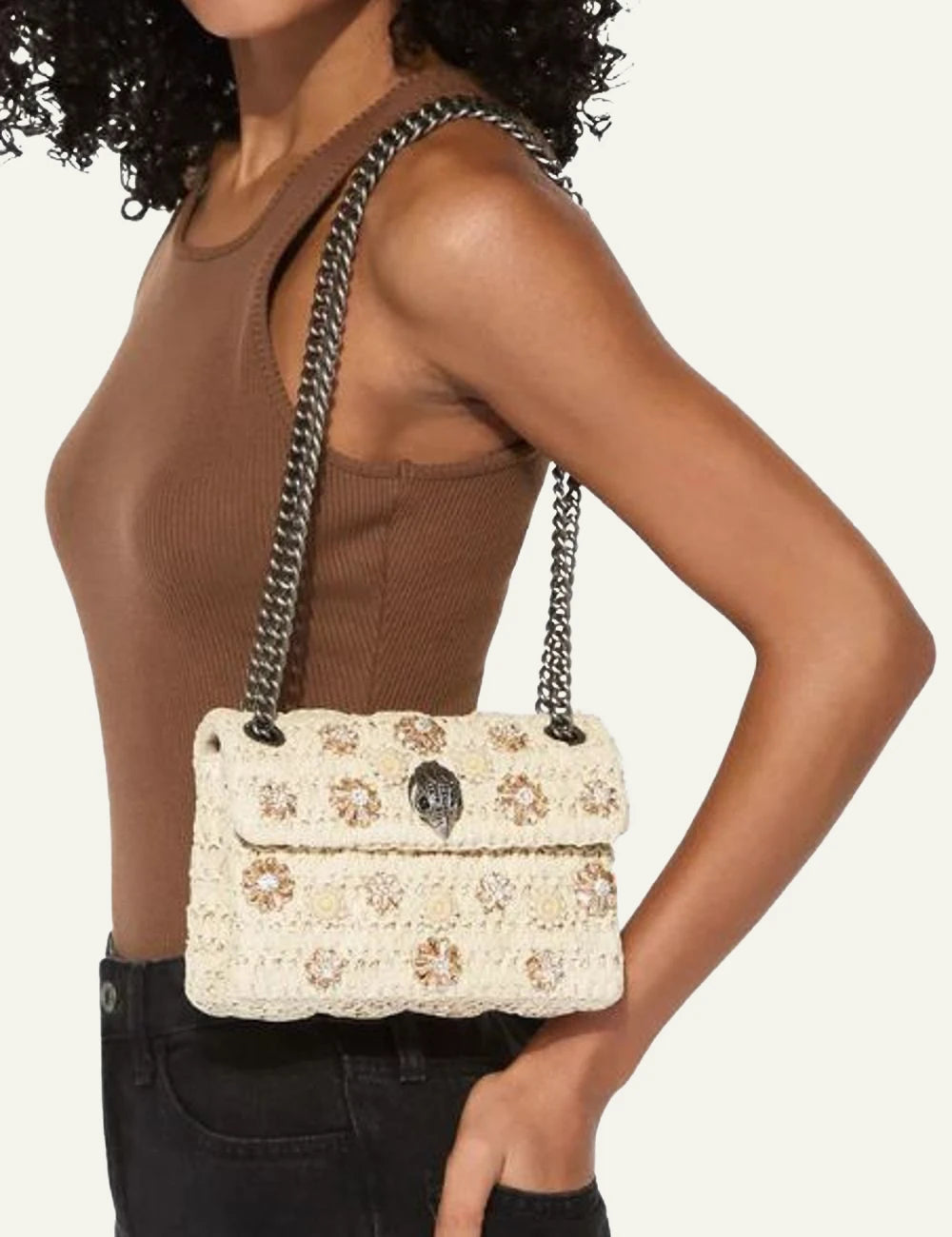 Kurt Geiger mini kensington bag beige straw floral crystal woven front model