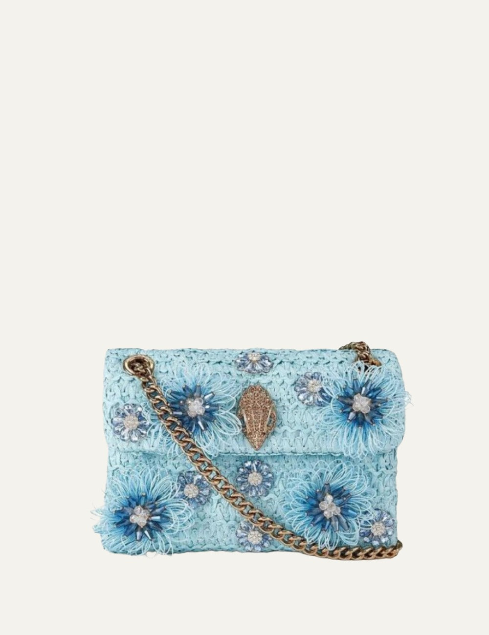Kurt Geiger mini kensington bag blue raffia floral crystal embellished front
