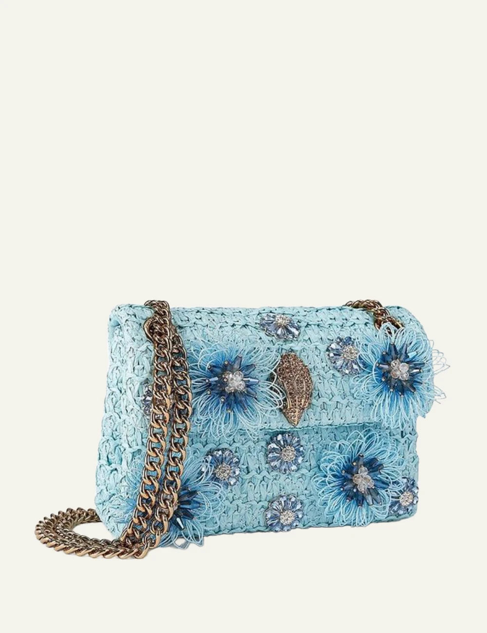 Kurt Geiger mini kensington bag blue raffia floral crystal embellished side