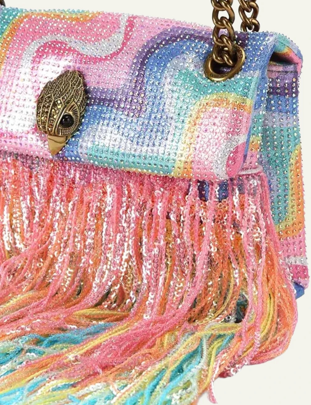 Kurt Geiger mini kensington bag multicolor crystal fringe tassel rainbow side detail