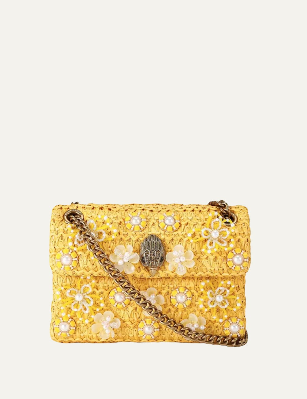 Kurt Geiger mini kensington bag yellow raffia floral pearls embellished front