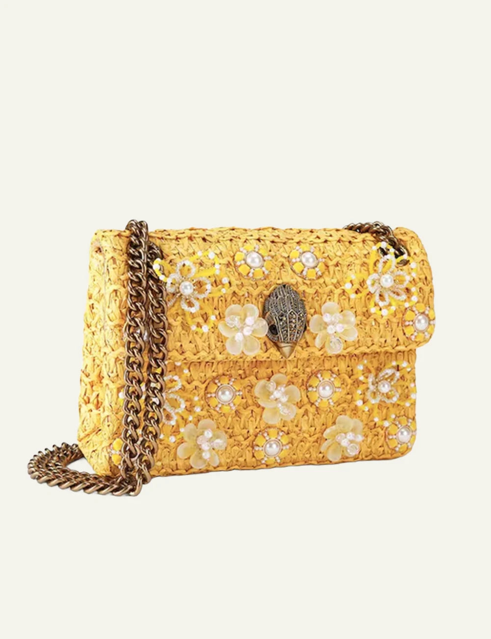 Kurt Geiger mini kensington bag yellow raffia floral pearls embellished side