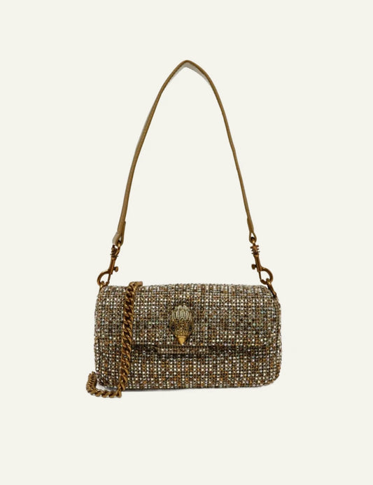 Beige crystal embellished Kurt Geiger Mini Oxford shoulder bag with gold chain strap