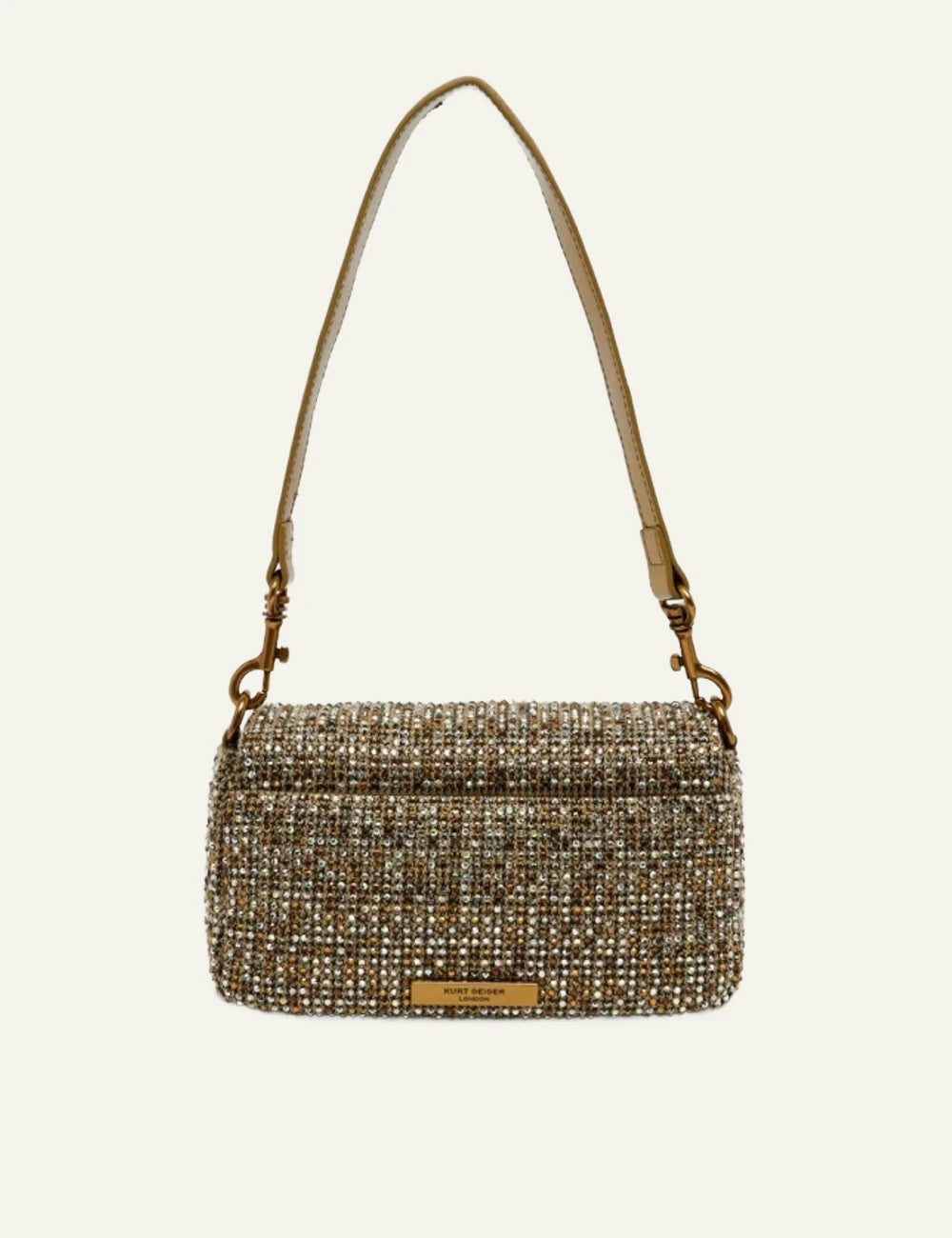 Beige crystal embellished Kurt Geiger Mini Oxford shoulder bag with gold chain strap back