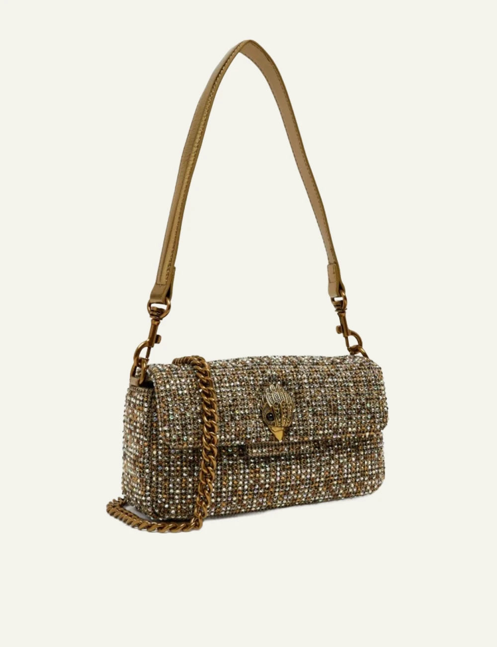Beige crystal embellished Kurt Geiger Mini Oxford shoulder bag with gold chain strap side