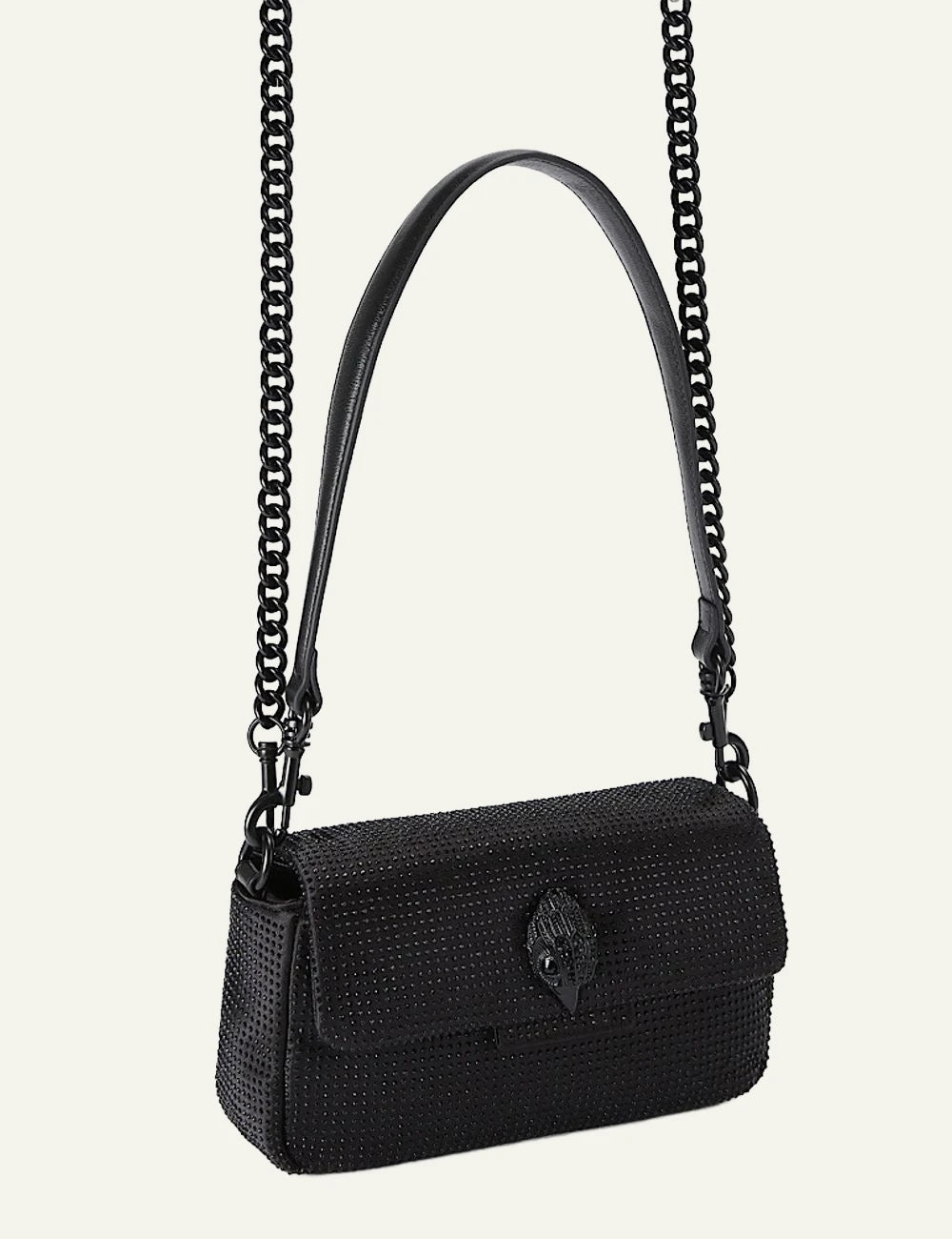 Black crystal embellished Kurt Geiger Mini Oxford shoulder bag with black chain strap side