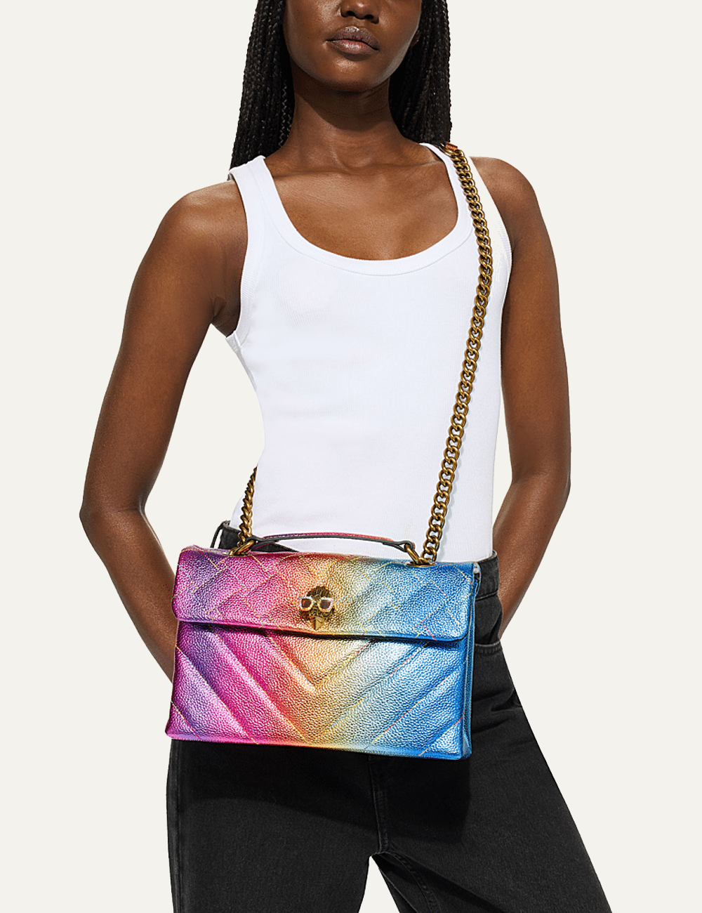 kurt geiger shoulder bag multicolor metallized leather chain strap front model view
