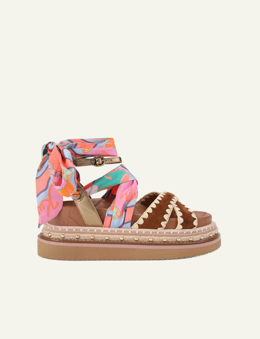 Kurt Geiger Orson cross sandal brown suede scarf ankle wrap platform side view