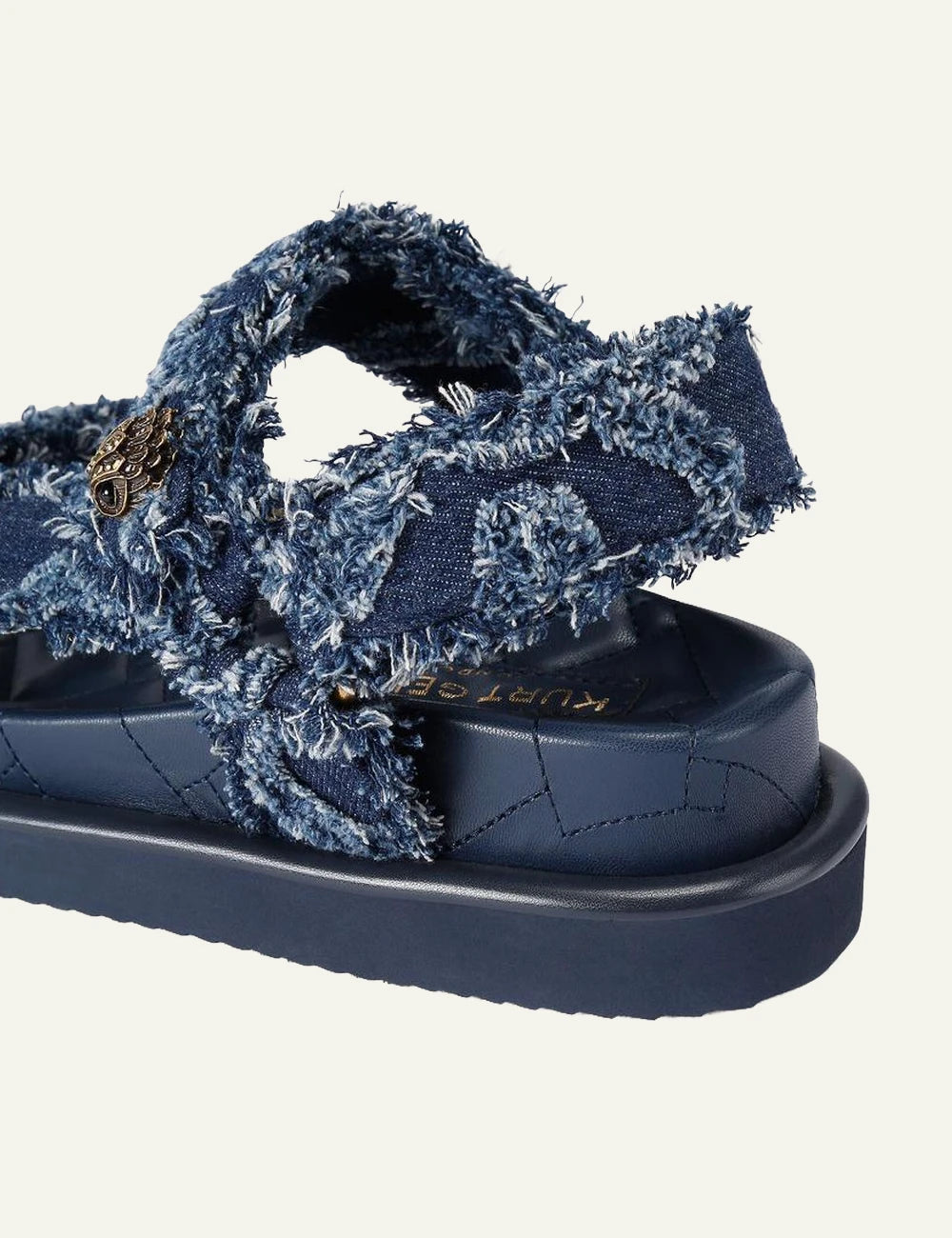 Kurt Geiger Orson sandal blue denim tufted velcro straps platform back view