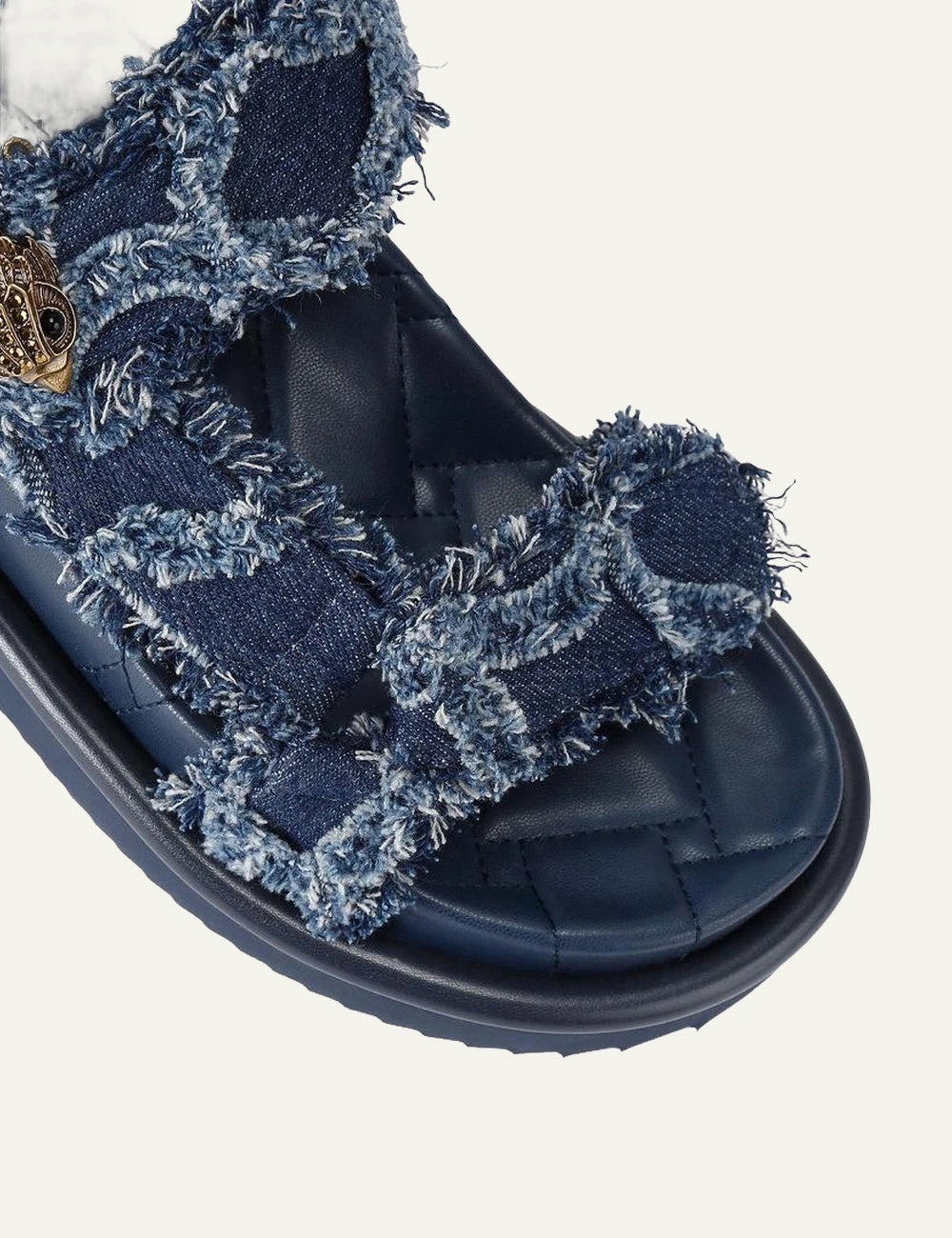 Kurt Geiger Orson sandal blue denim tufted velcro straps platform angled view