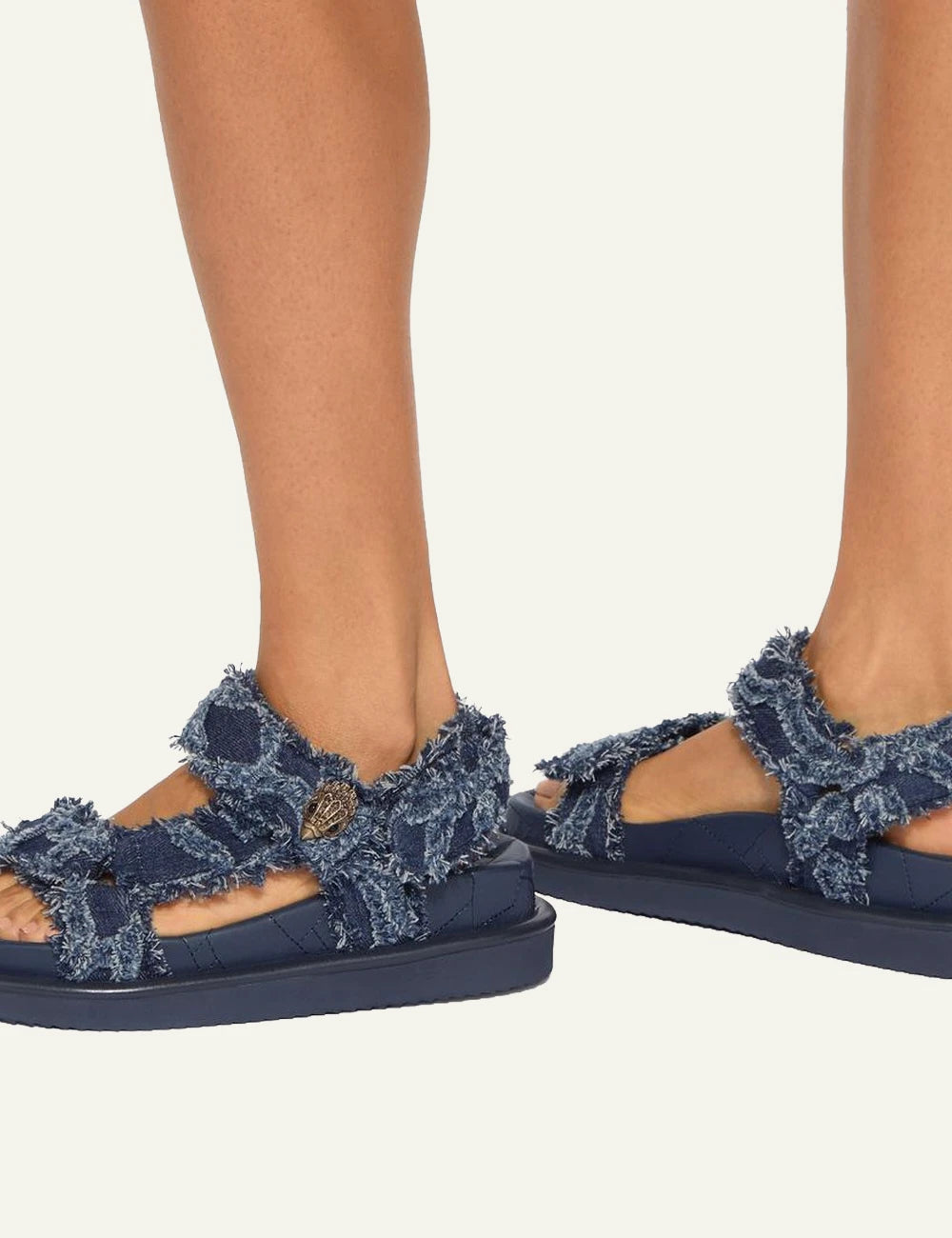 Kurt Geiger Orson sandal blue denim tufted velcro straps platform profile view