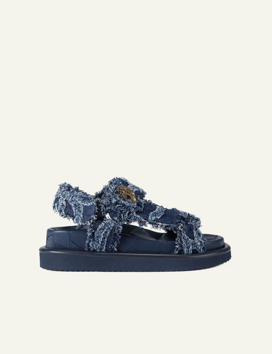 Kurt Geiger Orson sandal blue denim tufted velcro straps platform side view