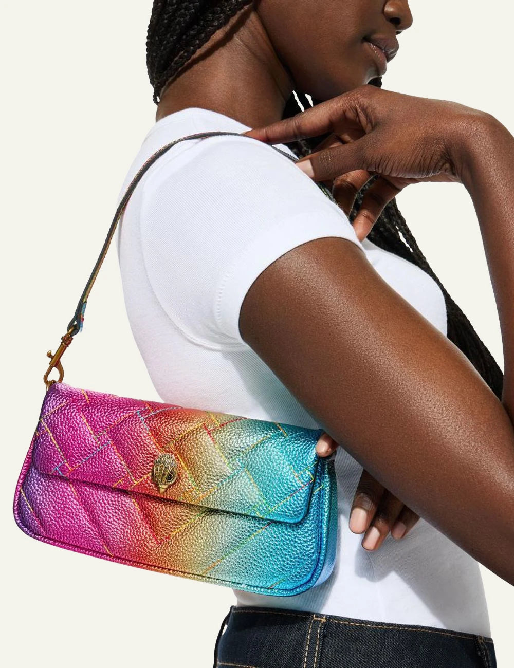 Kurt Geiger pickle shoulder bag rainbow metallic quilted leather eagle front model