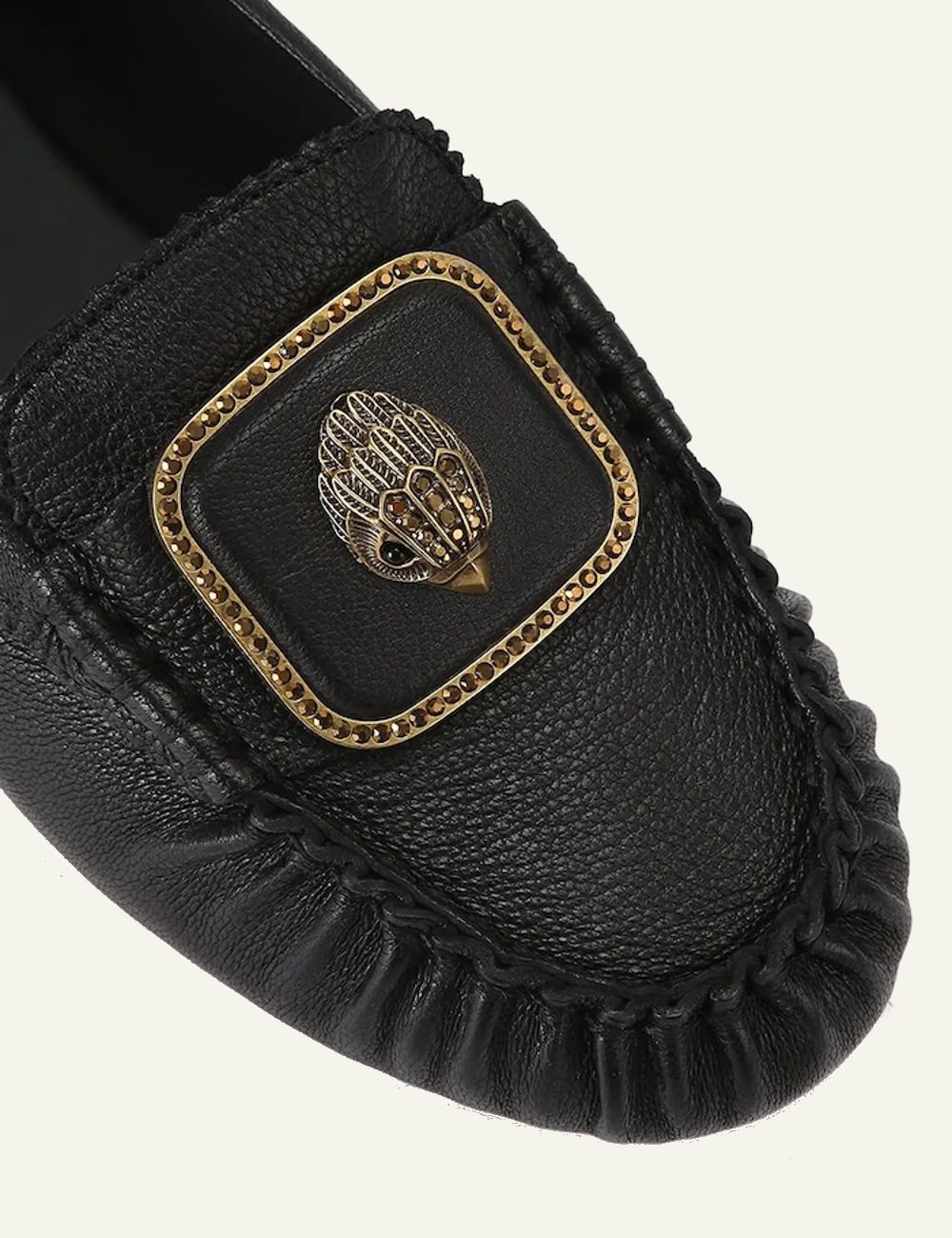 Kurt Geiger Pimlico Moccasin black leather loafers with eagle embellishment angled