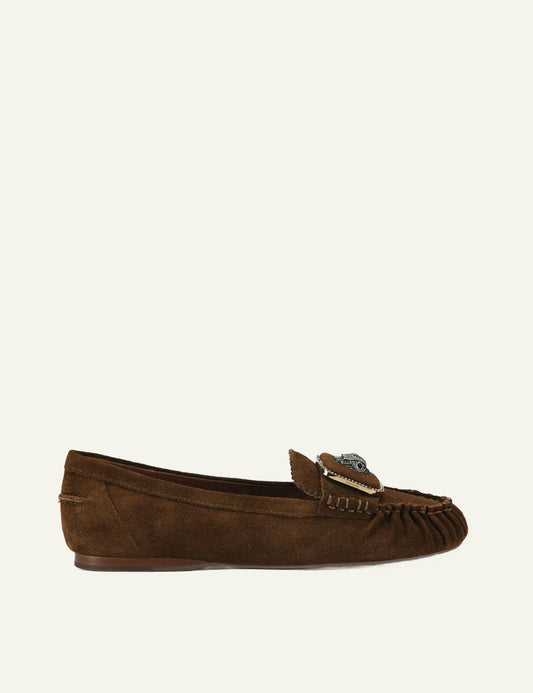 Kurt Geiger Pimlico Moccasin brown suede loafers with silver eagle detail