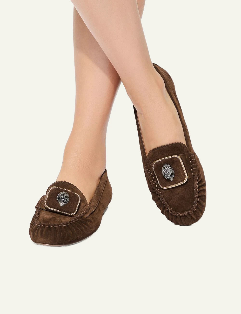 Kurt Geiger Pimlico Moccasin brown suede loafers with silver eagle detail model