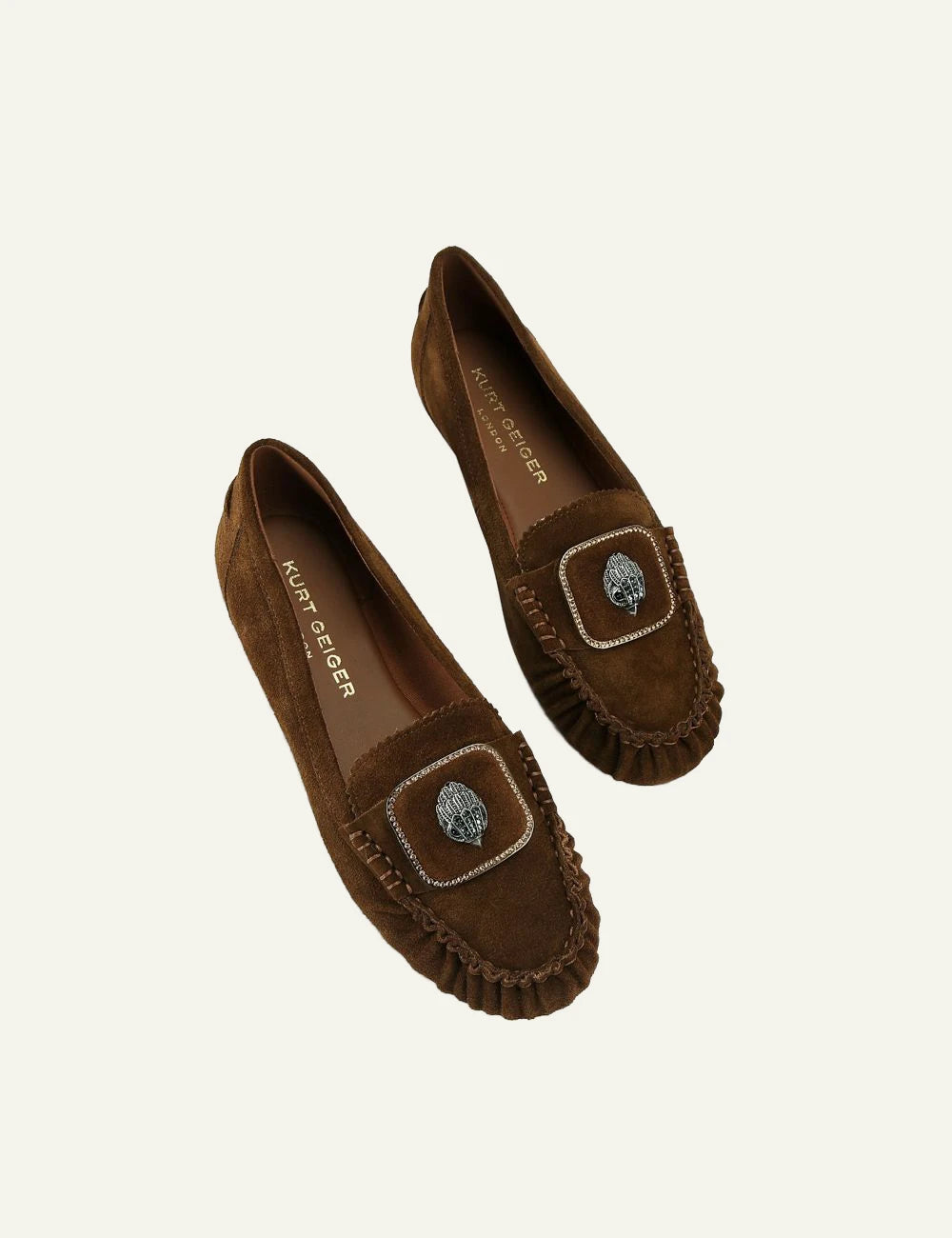 Kurt Geiger Pimlico Moccasin brown suede loafers with silver eagle detail top