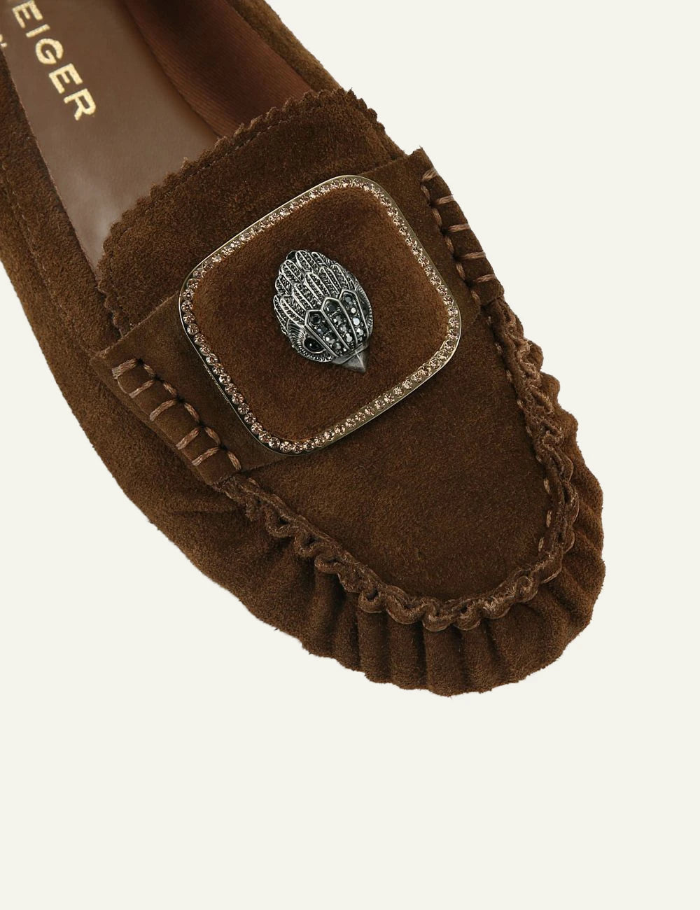 Kurt Geiger Pimlico Moccasin brown suede loafers with silver eagle detail angled