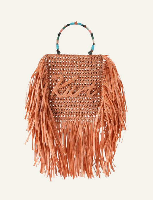 kurt geiger raffia fringe mini tote bag orange beaded handle front view