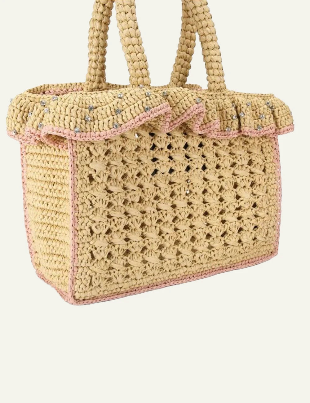 Kurt Geiger raffia tote bag beige woven ruffle crystal eagle detail back