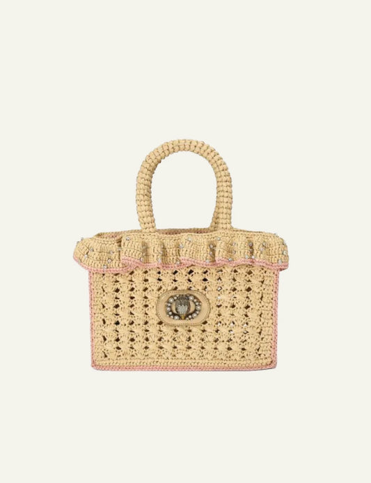 Kurt Geiger raffia tote bag beige woven ruffle crystal eagle detail front