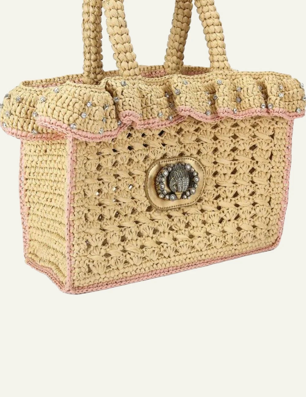 Kurt Geiger raffia tote bag beige woven ruffle crystal eagle detail side