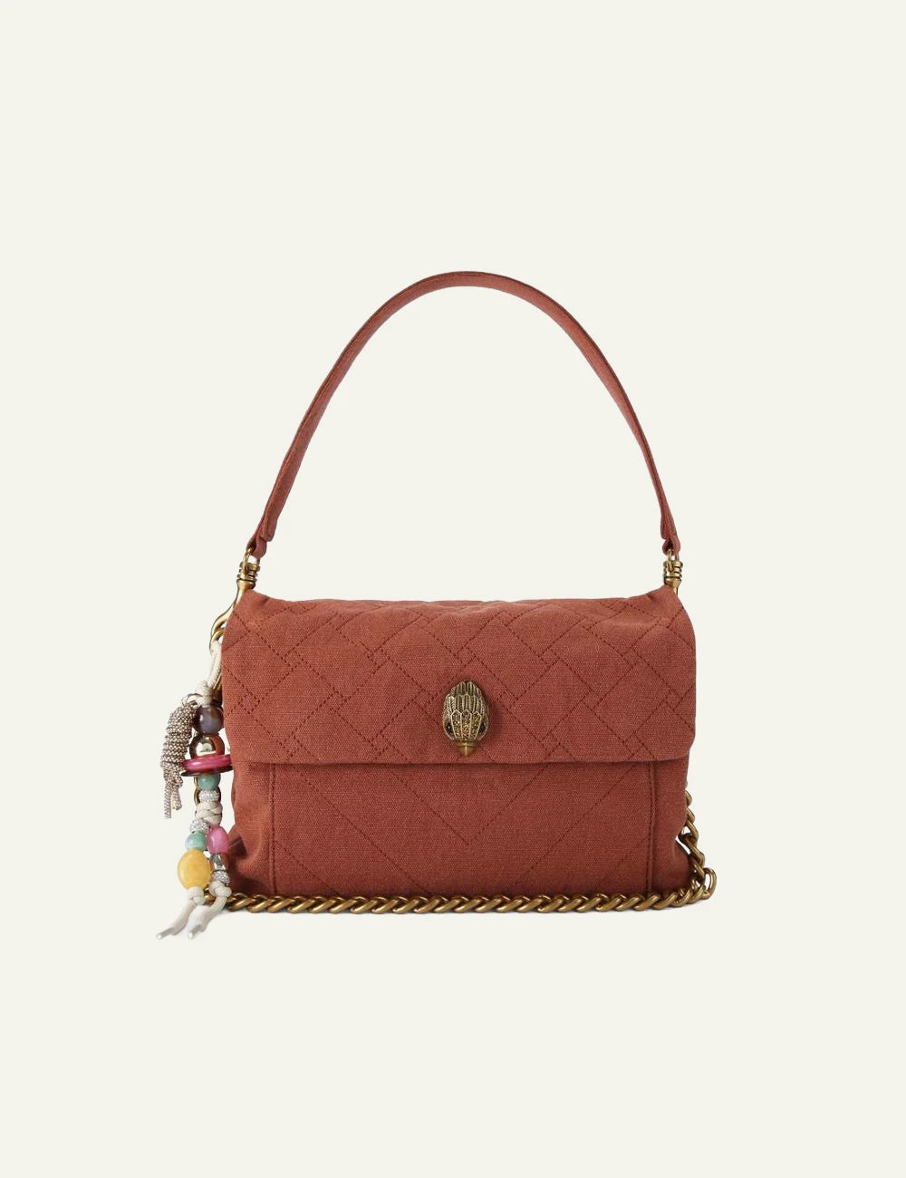 Rust canvas Kurt Geiger shoulder bag with quilted finish, gold chain strap and eagle head clasp