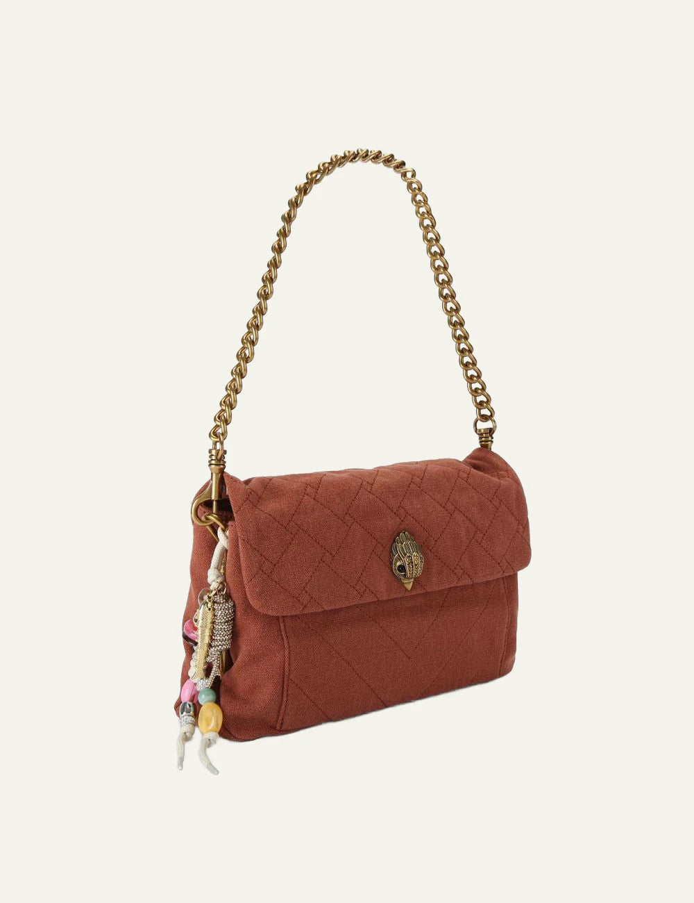 Rust canvas Kurt Geiger shoulder bag with quilted finish, gold chain strap and eagle head clasp side