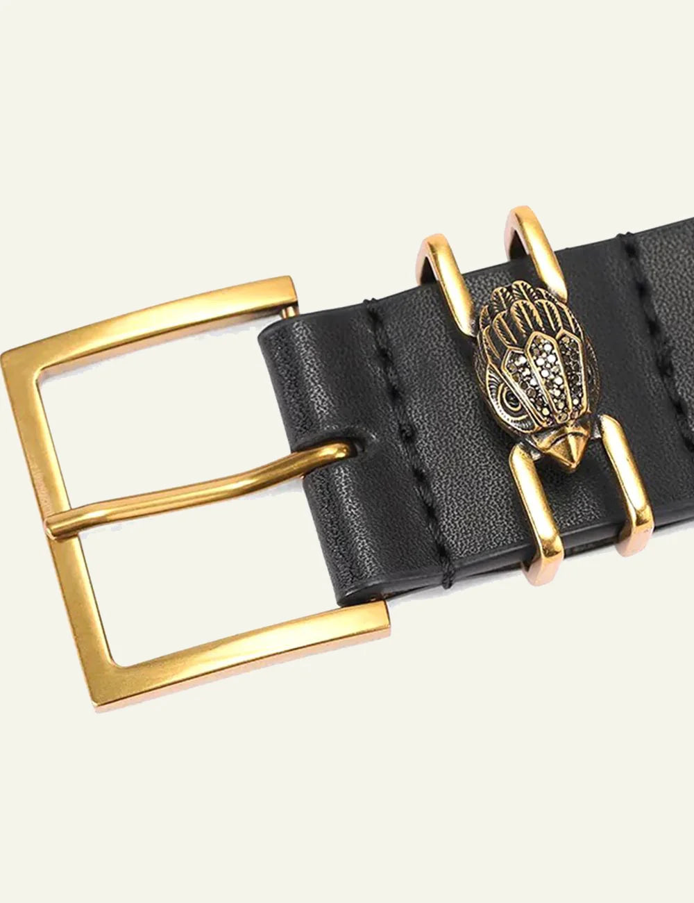 Kurt Geiger Shoreditch 30 Belt black leather gold buckle logo view