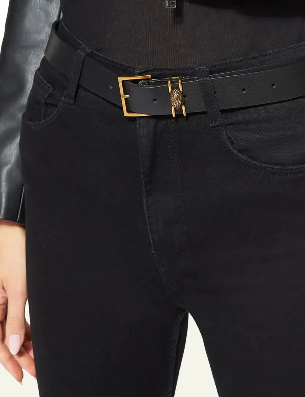 Kurt Geiger Shoreditch 30 Belt black leather gold buckle front view model